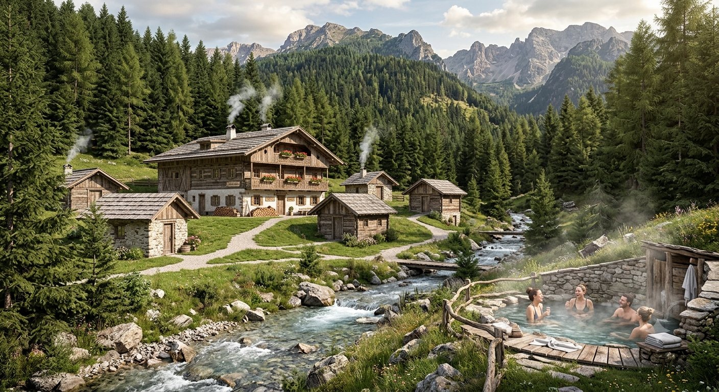 Il borgo alpino in legno e pietra, con la vasca di acqua calda fumante accanto al torrente