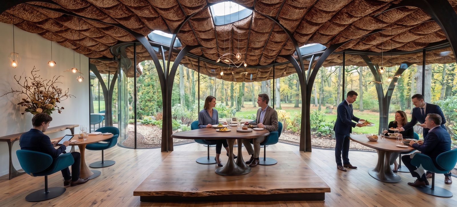 Sala da pranzo comune in legno, immersa nel bosco